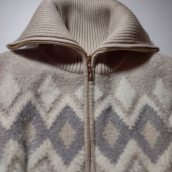 Tahari Women's Beige-White-Gray Patterned Zippered Sweater (Size Small) - Picture 10 of 10